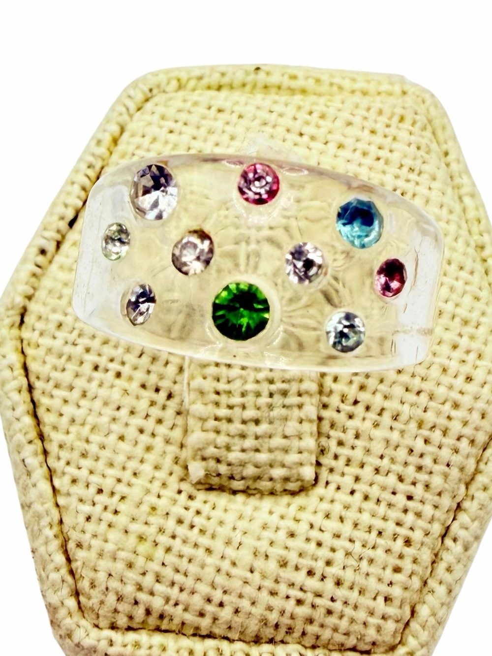 Vintage Clear Lucite Multicolor Rhinestone Ring